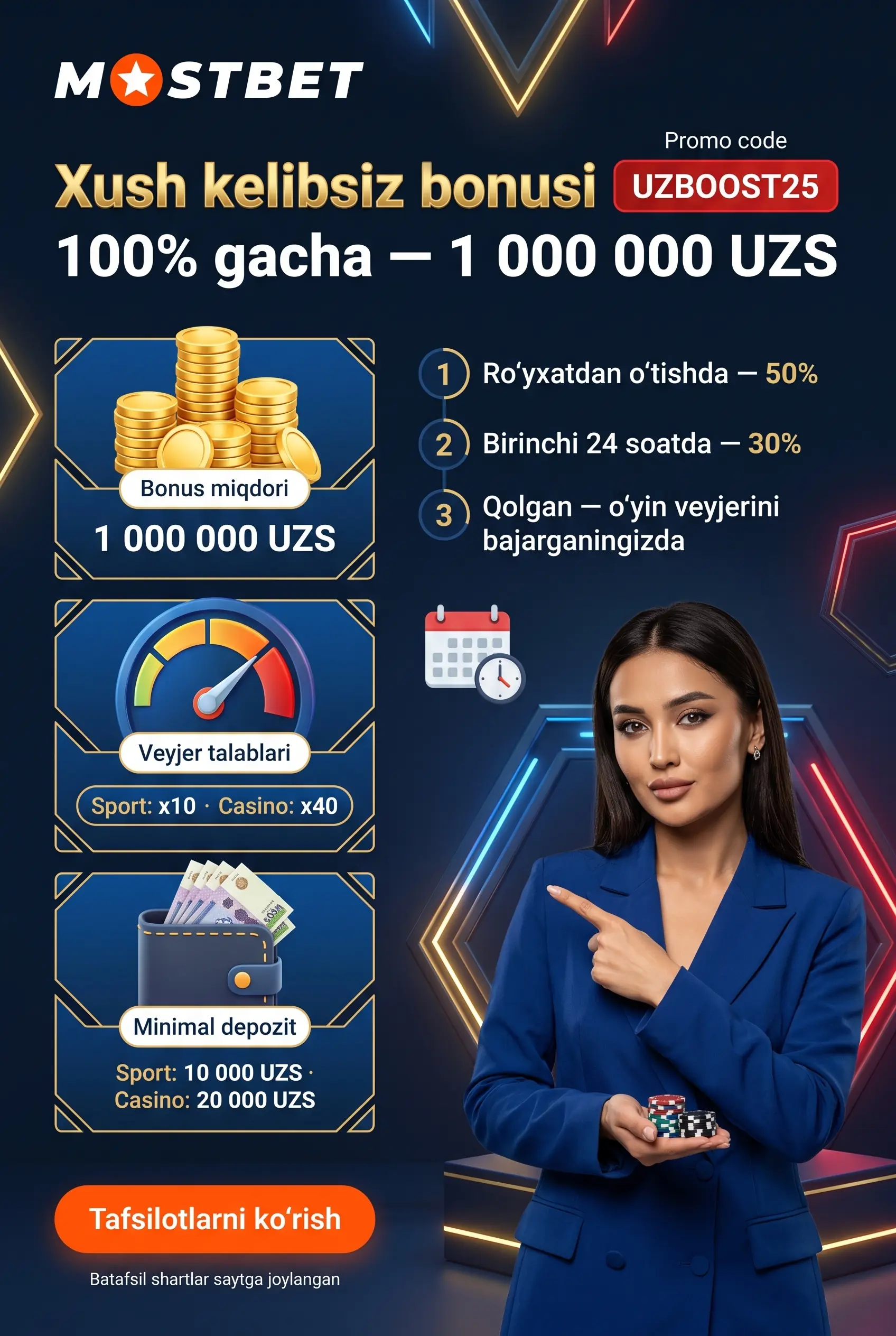 Xush kelibsiz bonusi va veyjer shartlari tasviri