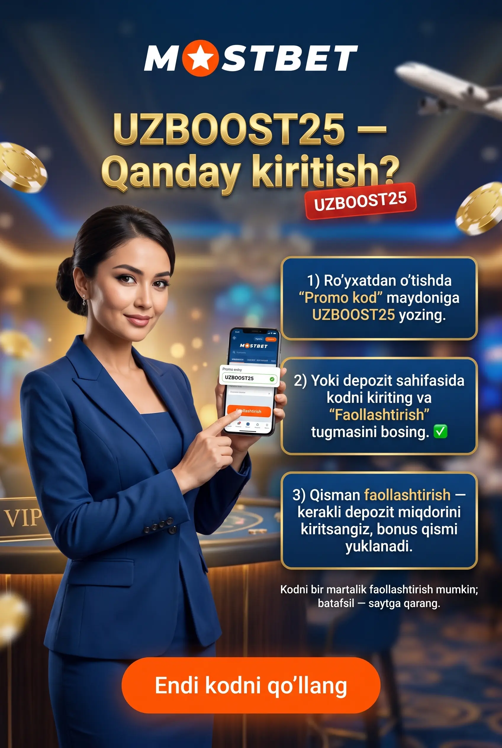 Promo kod UZBOOST25 ni qanday kiritish tasviri